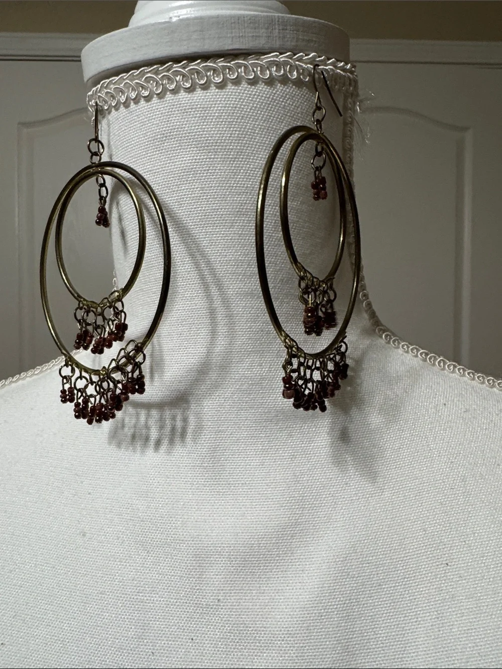 Antique Gold-Tone Multi-Hoop Earrings with Brown Bead Fringe